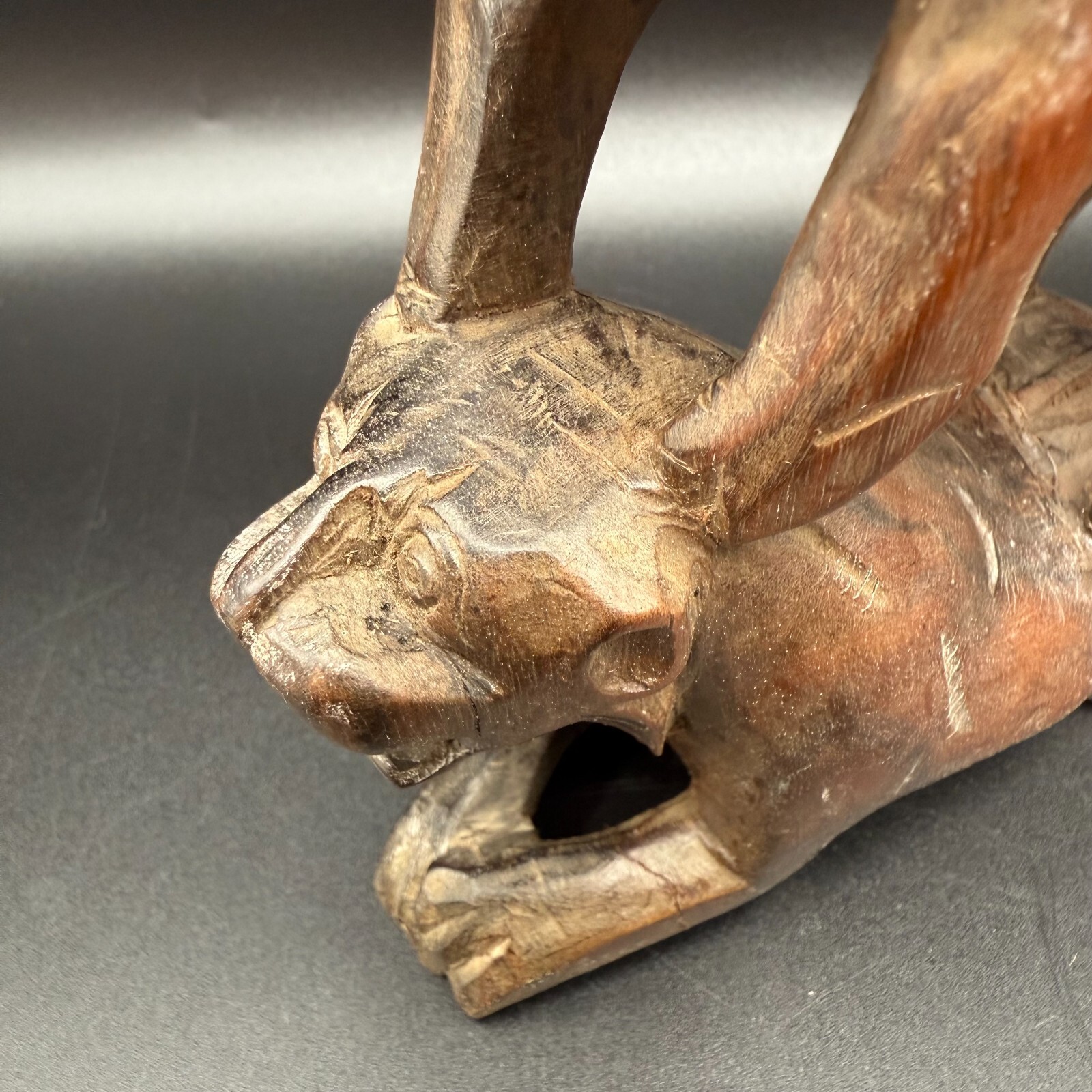 Vintage Hand-Carved Wood Animal Sculpture – Wild Boar Standing Over Lion – Triba