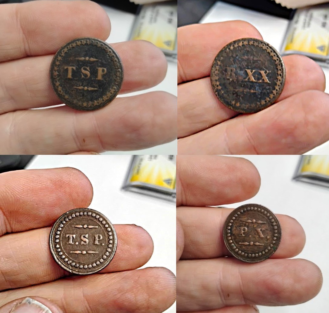 2 Mid 1800's Madeira Portugal T.S.P. Tobacco Plantation Tokens 20 Réis & 10 Reis