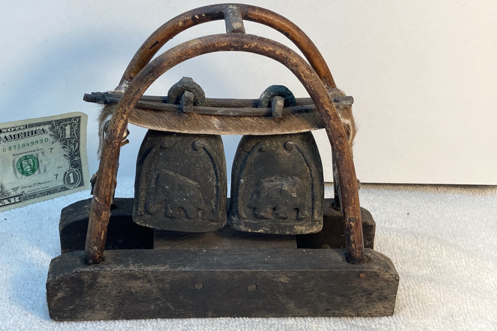 Vtg Karen Hill Tribe Double Elephant Bell w/ Bent Wood Stand & Hide - Thailand
