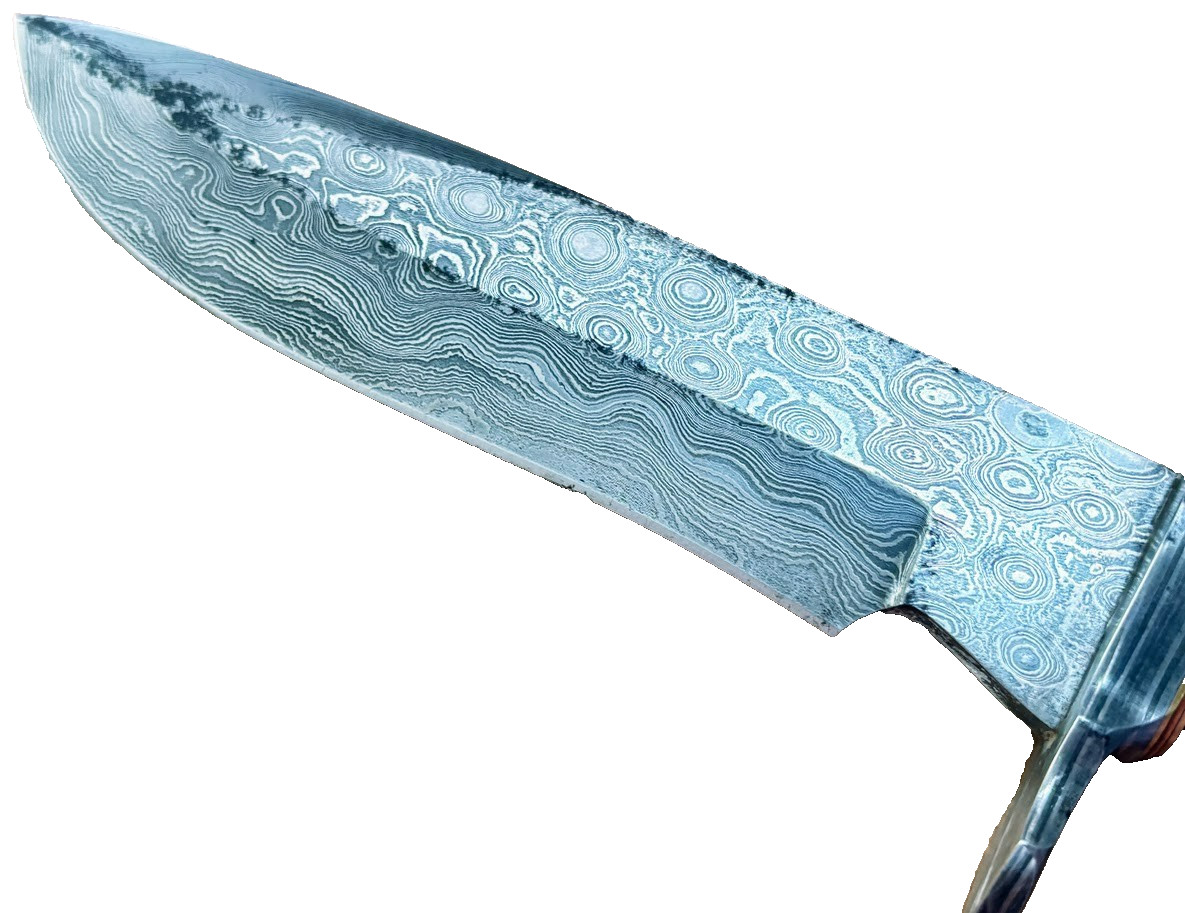 Damascus Blade 11" Bowie Knife with Leather Sheath Wood Handle Knives