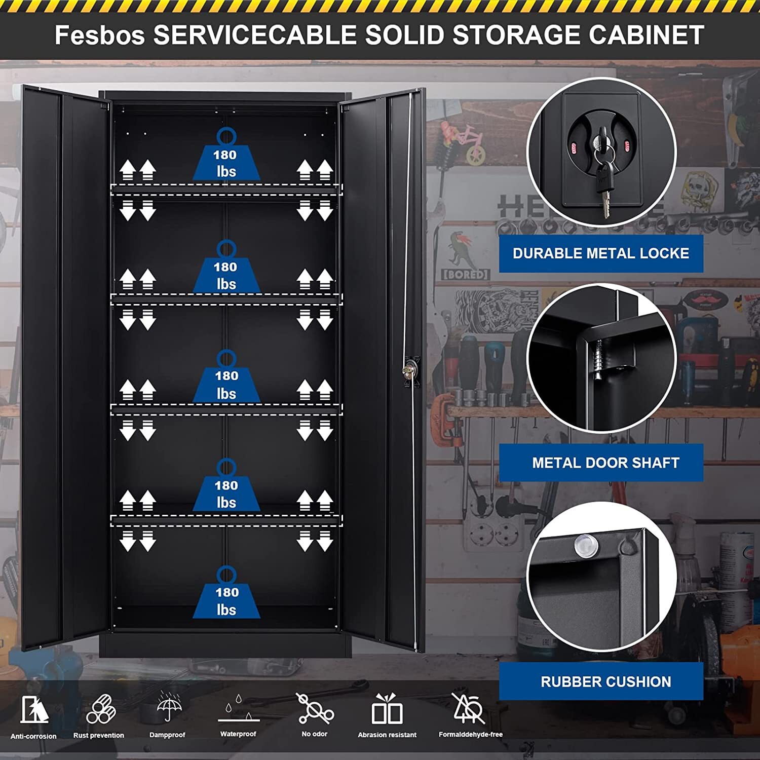 71''Metal Storage Cabinet with 4 Adjustable Shelves and Locking Door Home Garage