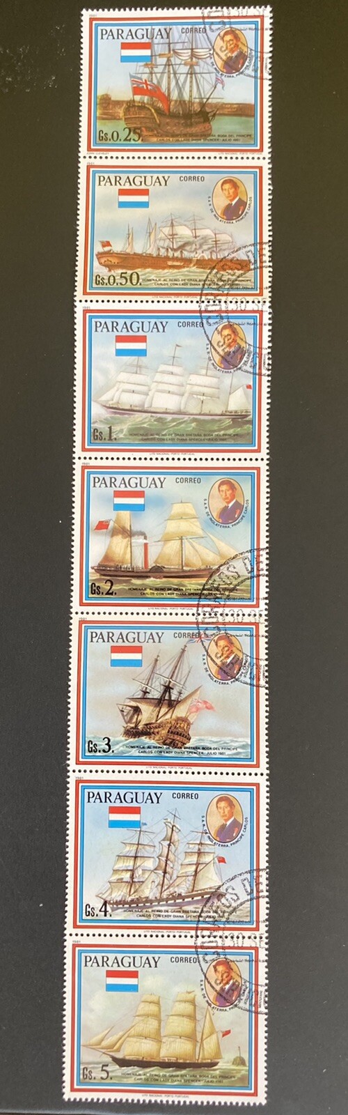 Paraguay: Strip of 7 Ships, different, used Lot #B01-022203