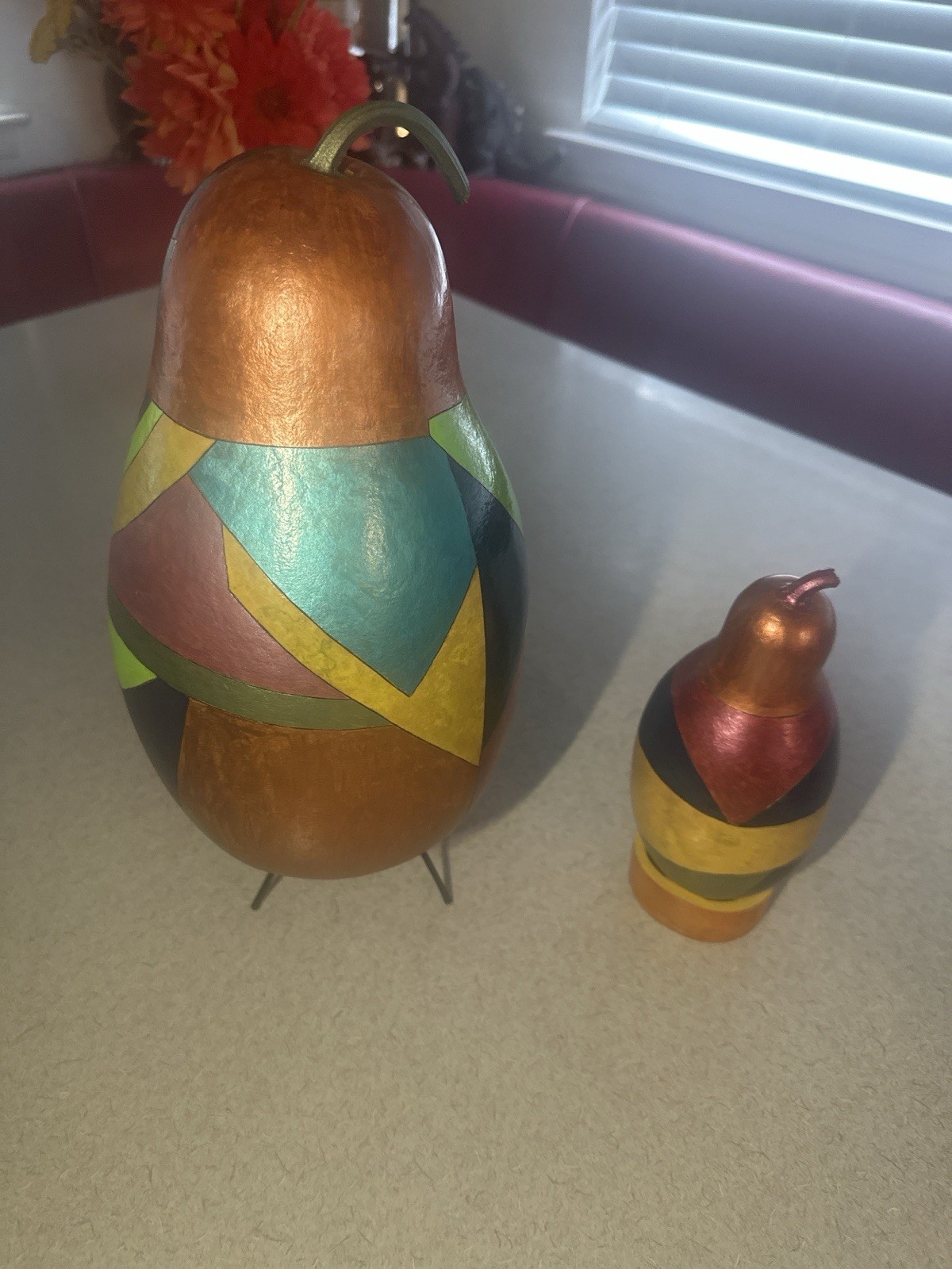 Modernist Painted Gourd Art Pair – Abstract Faces – Signed Folk Sculpture Set