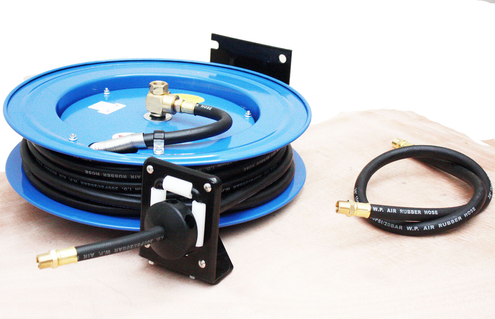 Pneumatic 50’ Retractable Air Hose Reel w/ 3/8" x 50ft Rubber Hose & Lead Hose