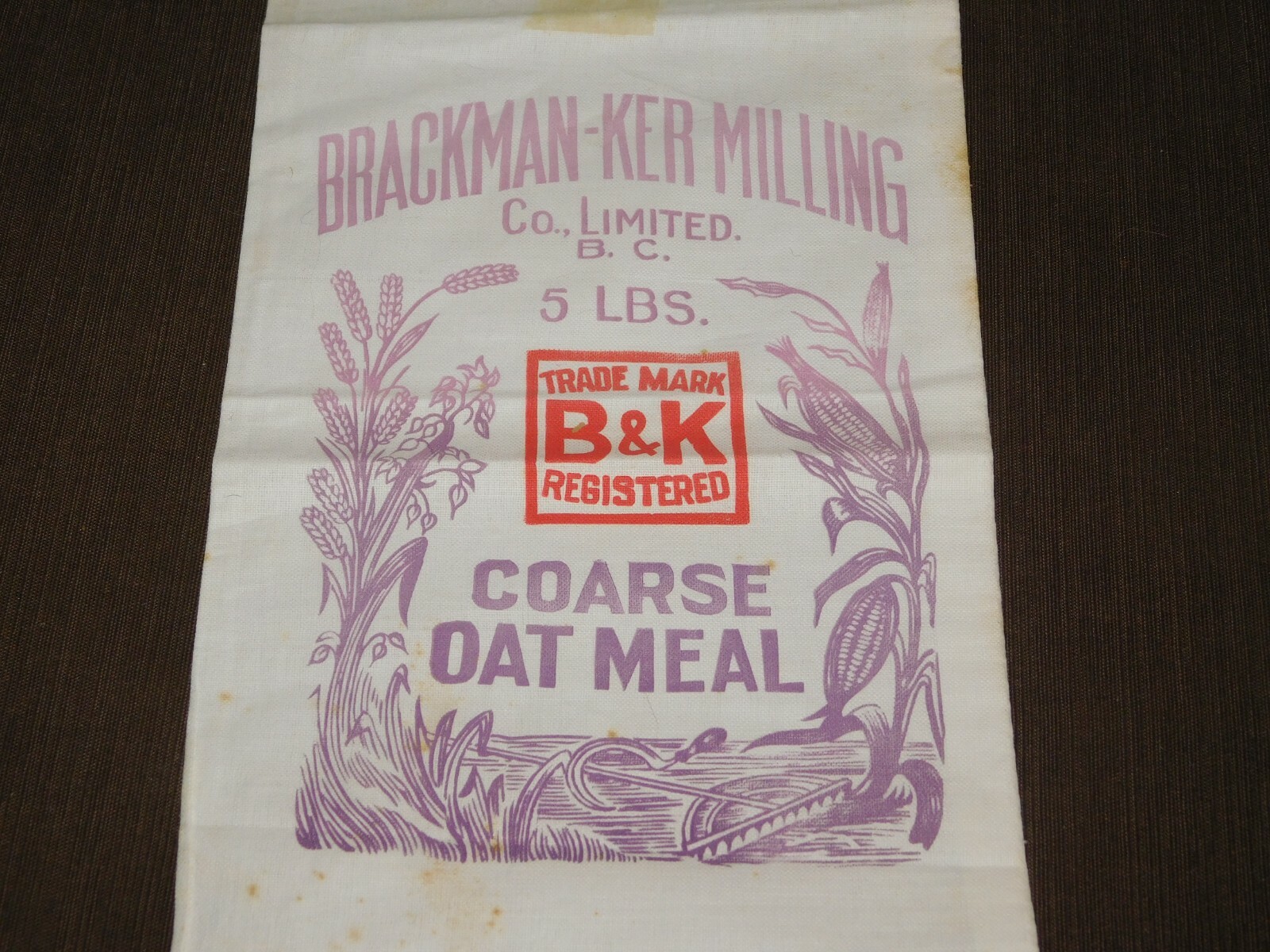 VINTAGE 16 1/2" X 7 1/2" B & K OAT MEAL BRACKMAN-KER MILLING CO FEED CLOTH SACK