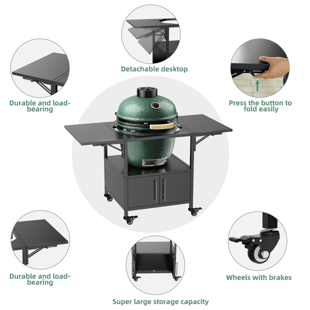 Outdoor Grill Table for Big Green Egg BBQ Metal Grill Cart 2 Folding Panels