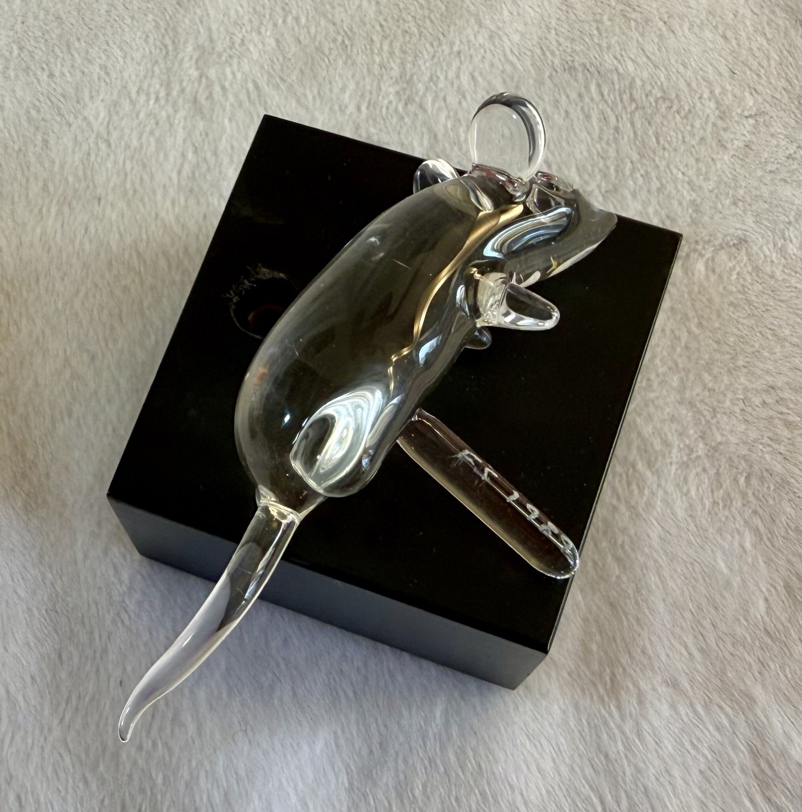 Frabel Glass Sculpture Mouse on Black Wood Base Signed 1989