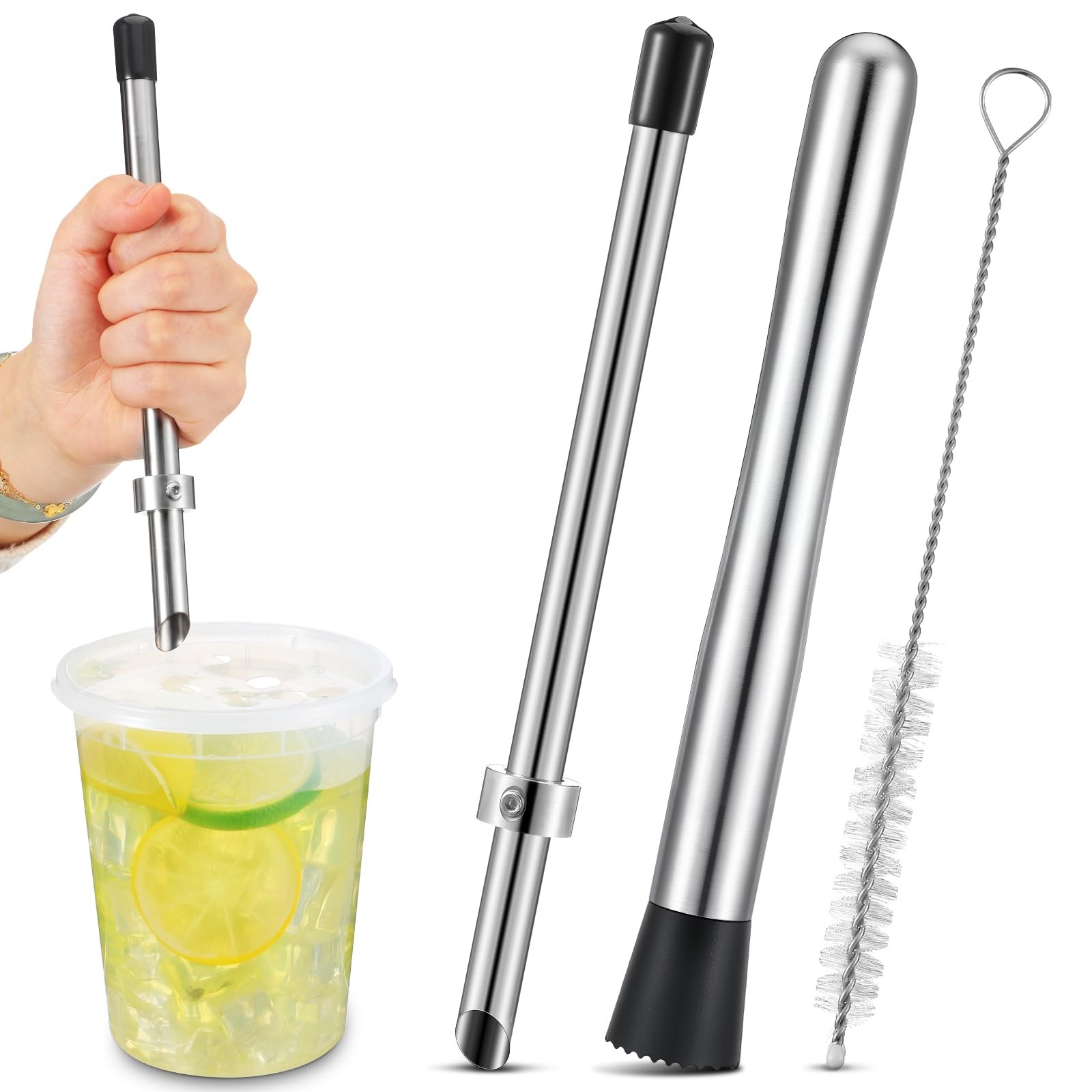 2 Pcs Straw Puncher and Muddler for Lemonade Plastic Lids Cups, Silver