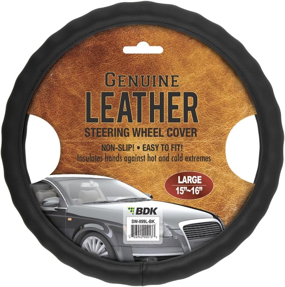 Genuine Leather Steering Wheel Cover for Car SUV Truck Large 15"-16" Black
