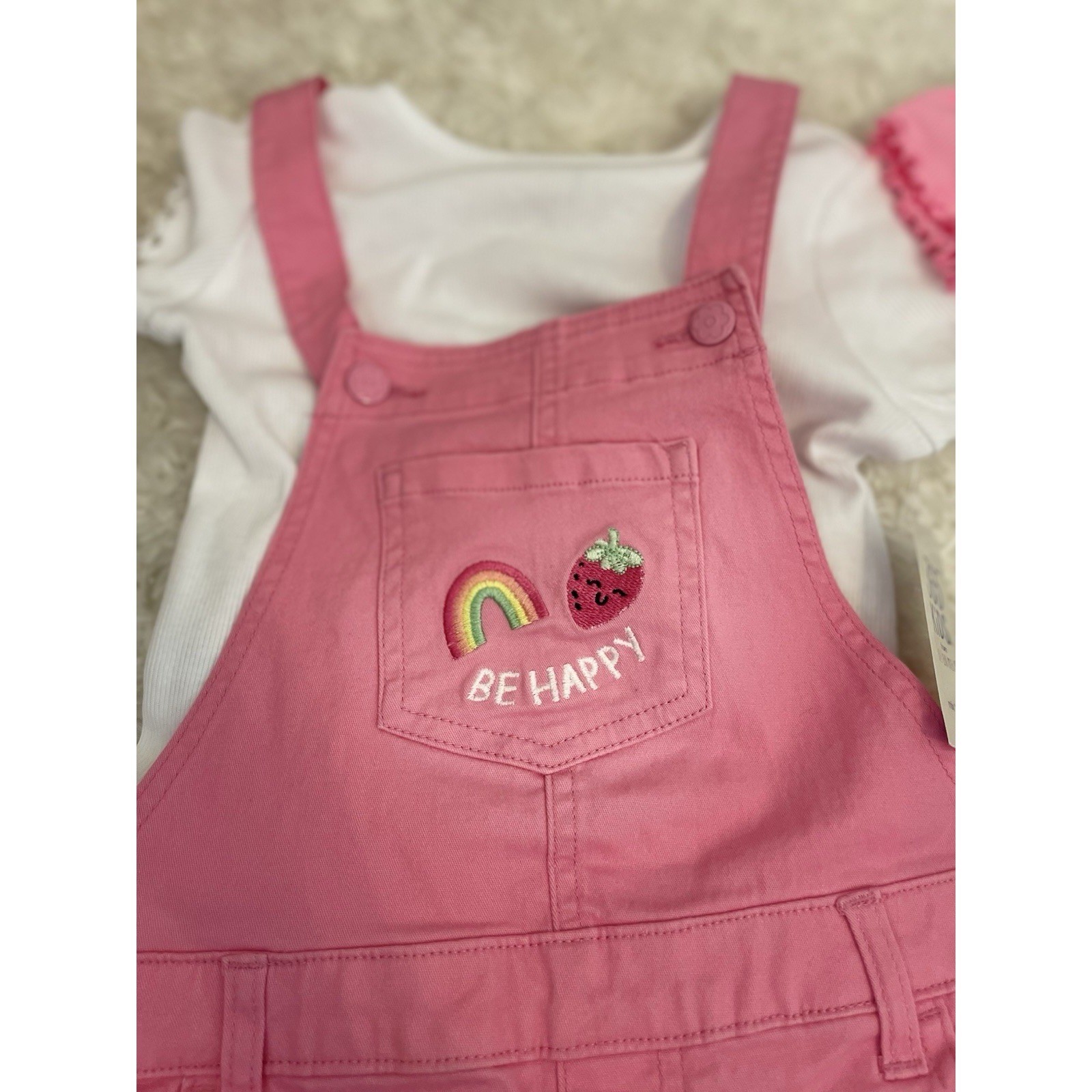365 Kids Girls 2 Pack Pink and Blue Denim Overalls and T-shirt 5 Rainbow Heart