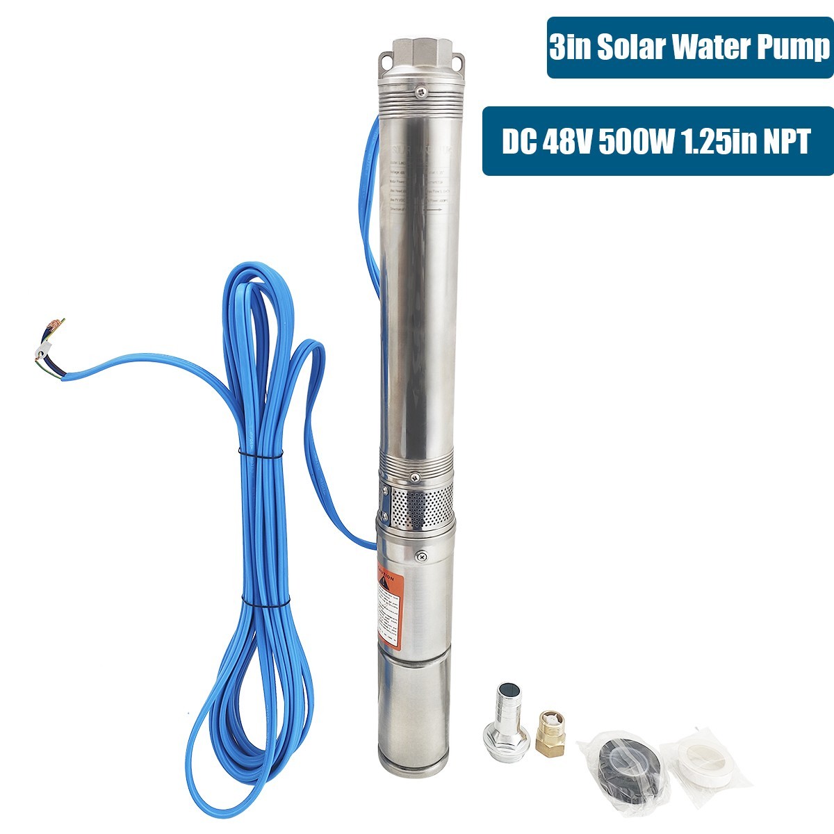 500W 3" DC 48V Solar Pump Submersible Pump Bore Deep Well Pump 33ft Copper Wire