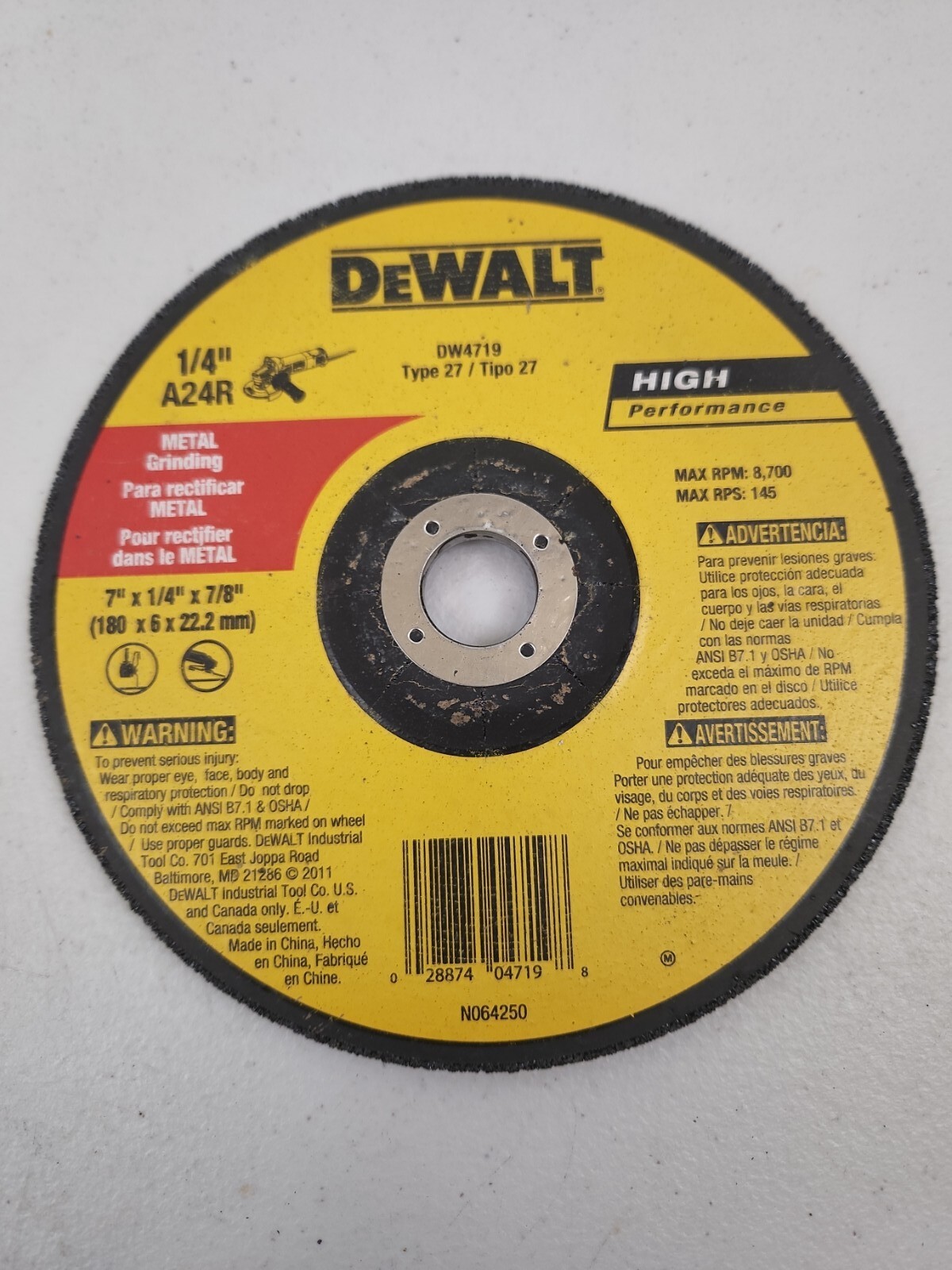 DeWALT DW 4719 7" X 1/4" X 7/8" Grinding Wheel  No Box 10 Pack