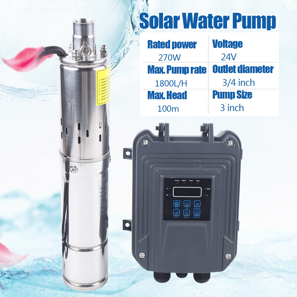 3in 24V DC Deep Well Solar Water Pump Submersible Max Head 100m/ 328ft+MPPT 270W