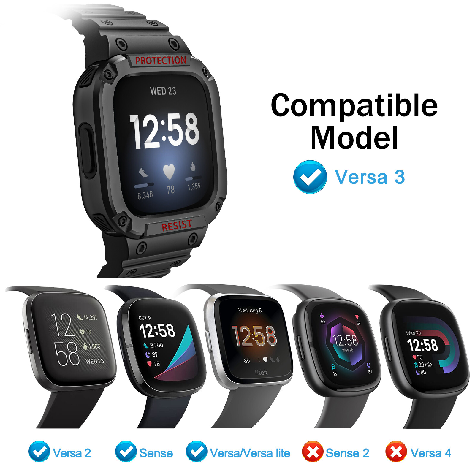 For Fitbit Versa 3/2/1/Lite/Sense Rugged Men Sport Bands with Protective Cover