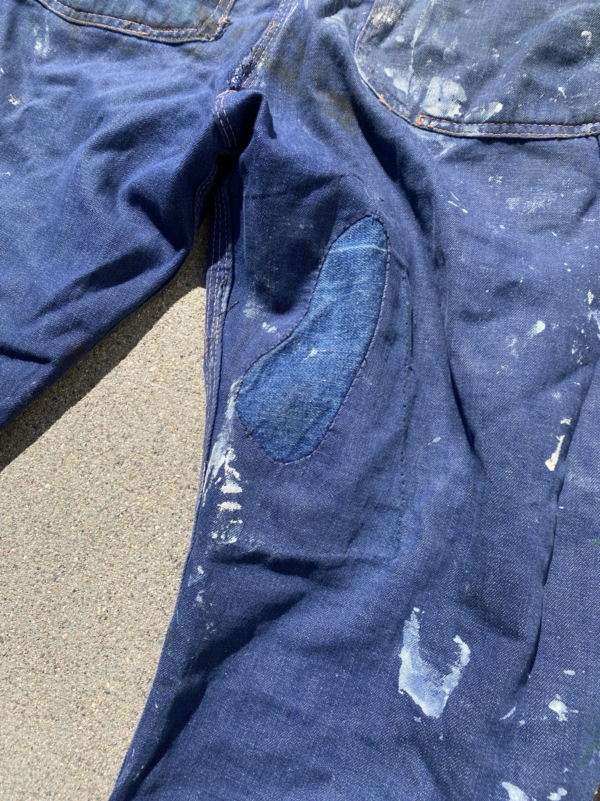 Vintage 60s Paint Splatter Carpenter Pants BLue Thrashed Repaired 32x30 Workwear