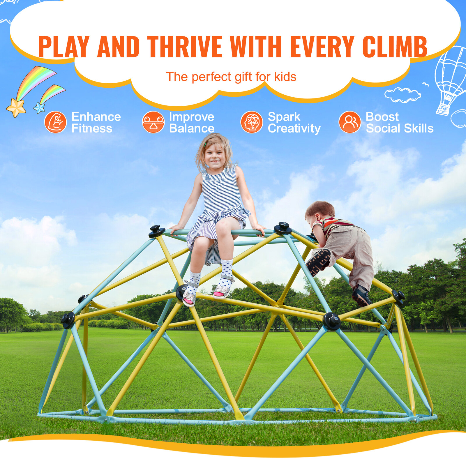 VEVOR Climbing Dome 6FT Geometric Dome Climber Jungle Gym for Kids 3-9 Years
