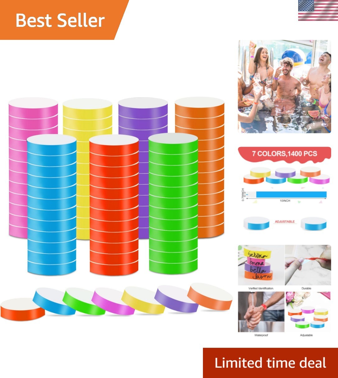 1400 Packs Paper Wristbands for Events, 7 Colors Waterproof Neon Party Wristb...