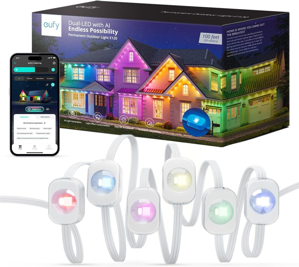 eufy Permanent Outdoor Light 100ft 60 Dual-LED RGB App Control AI Light |Refurb
