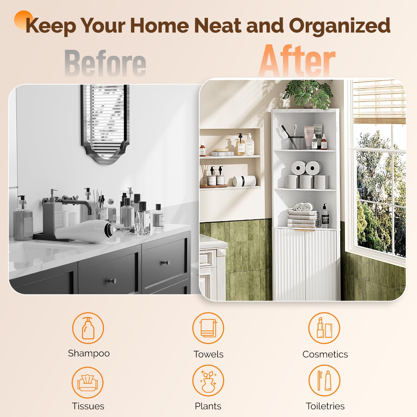 Tall Corner Cabinet with Fluted Doors, 68" White Corner Storage Cabinet