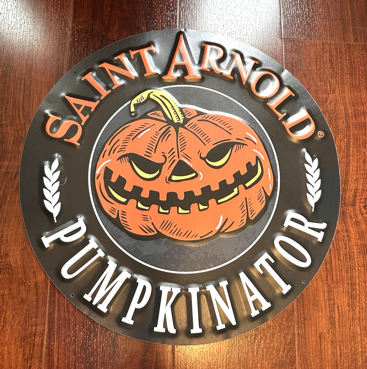 SAINT ARNOLD Brewing PUMPKINATOR BEER SIGN Tin Tacker 16" Houston TEXAS BREWERY