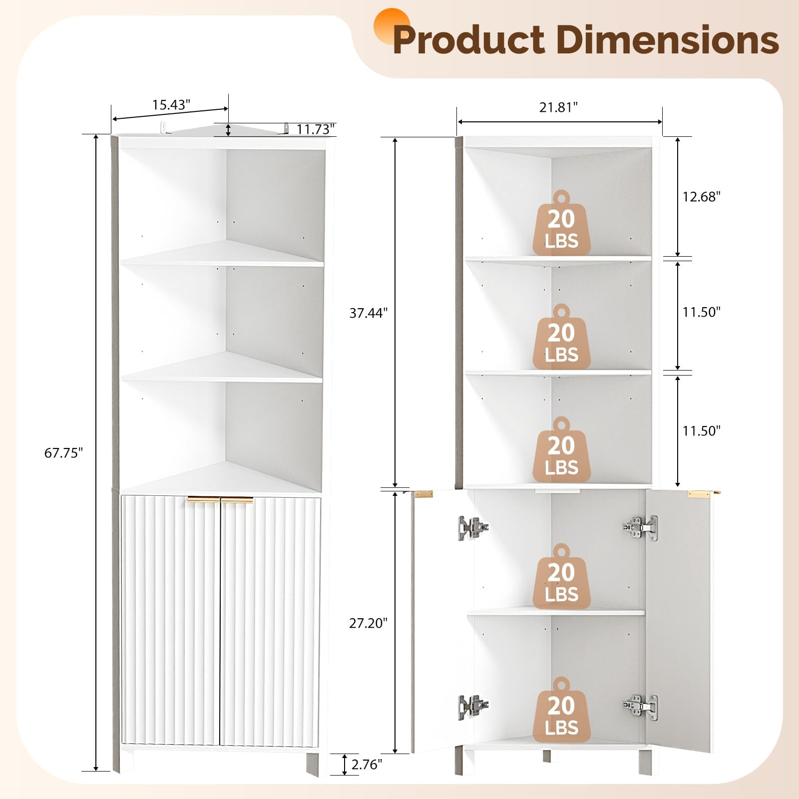 Tall Corner Cabinet with Fluted Doors, 68" White Corner Storage Cabinet