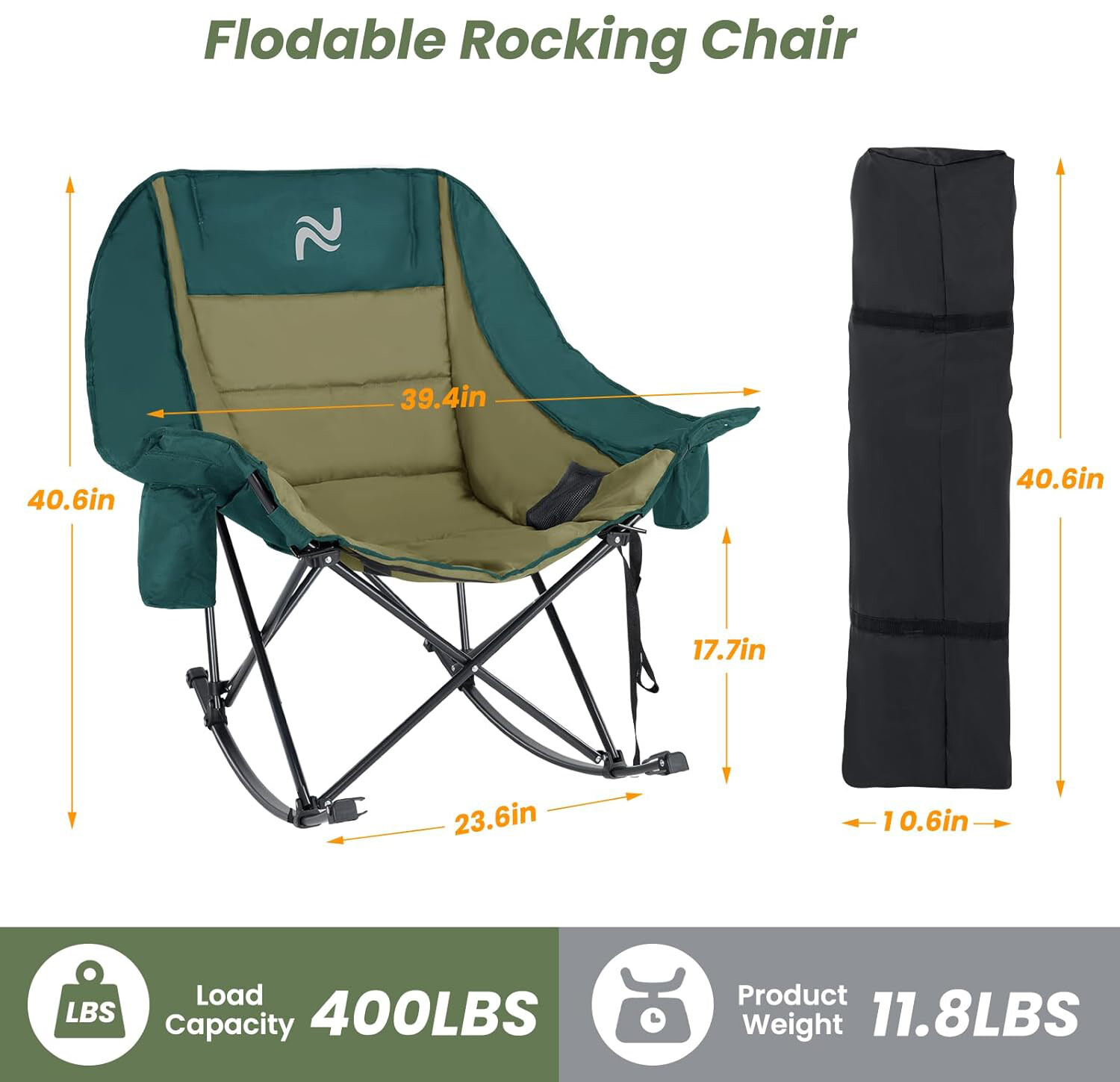 H&ZT Oversized Rocking Camping Chair Padded Folding Lawn Chair with Cooler Bag
