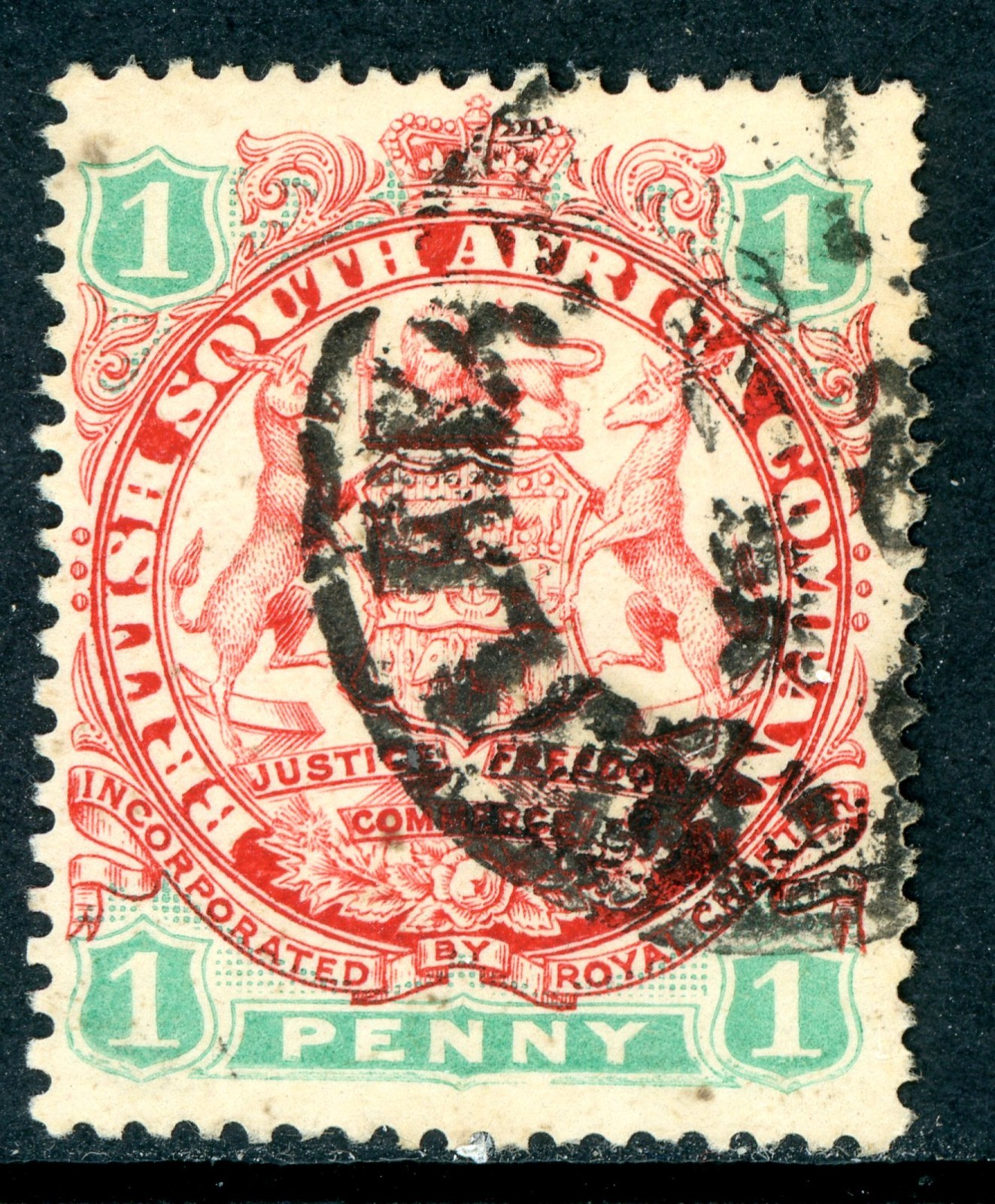 Rhodesia 1896 British QV 1p Scarlet & Emerald DIE 1 SG #29 VFU S577