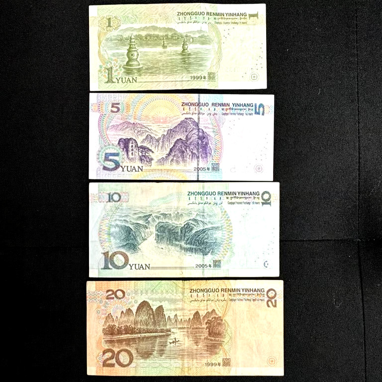 China 1-5-10 & 20 Yuan Banknotes- Lot of 4-Foreign Currency World Paper Money
