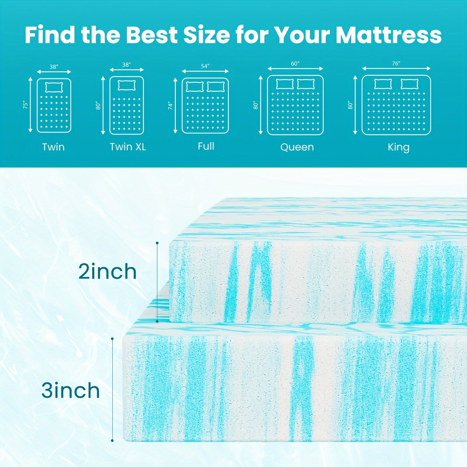 Premium Gel Memory Foam Mattress Topper US Certified Comfort Bed Pad for Cooling