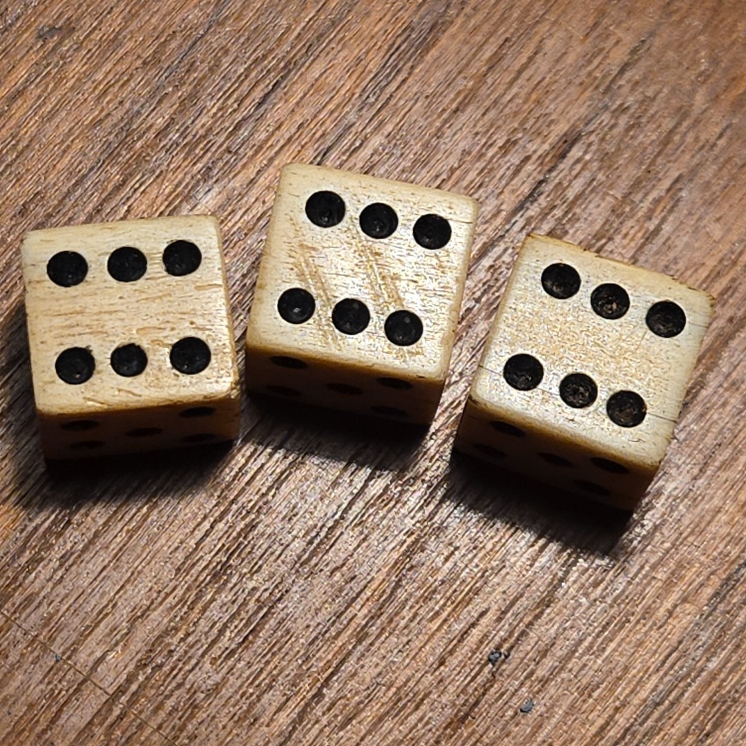 1765 Stamp Act taxed cattle bovine dice with black pips 3 Dice Vintage Hand Cut