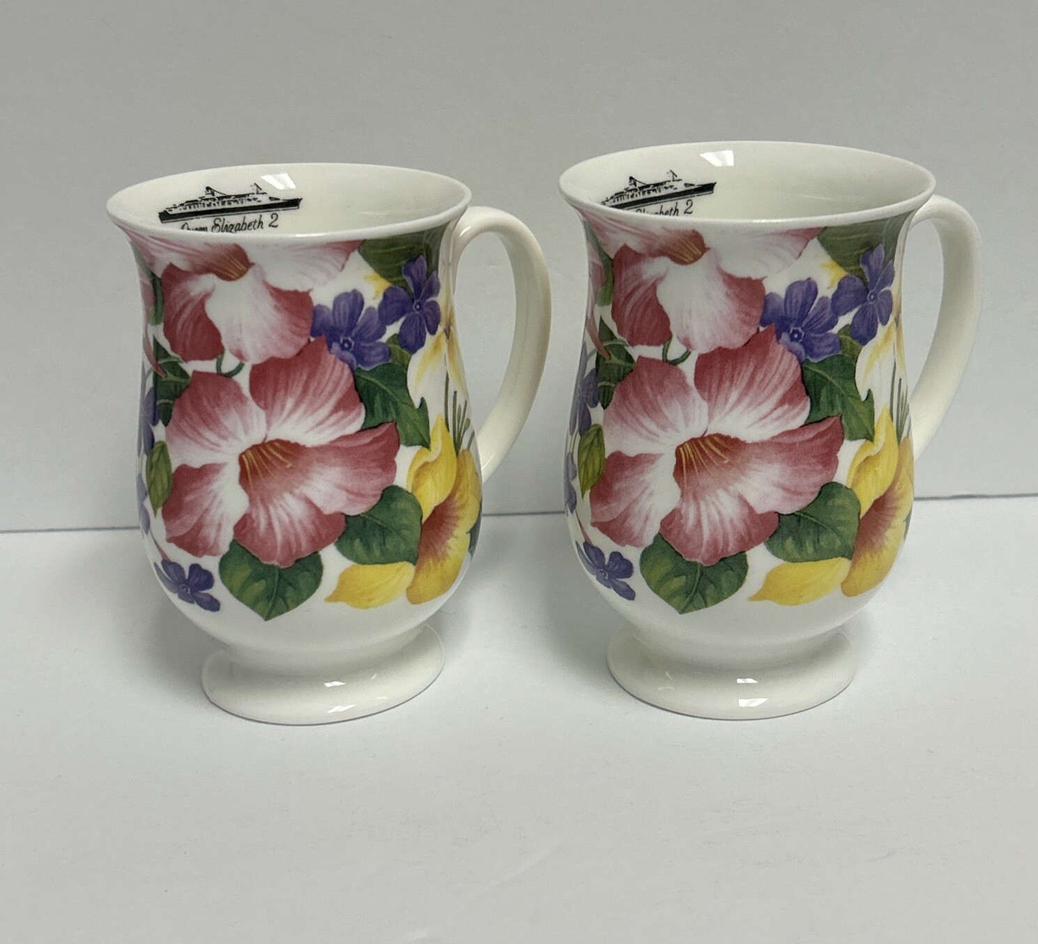 2 WREN china MUGS  Mayflower Floral England Queen Elizabeth SHIP QE2 Tea Coffee