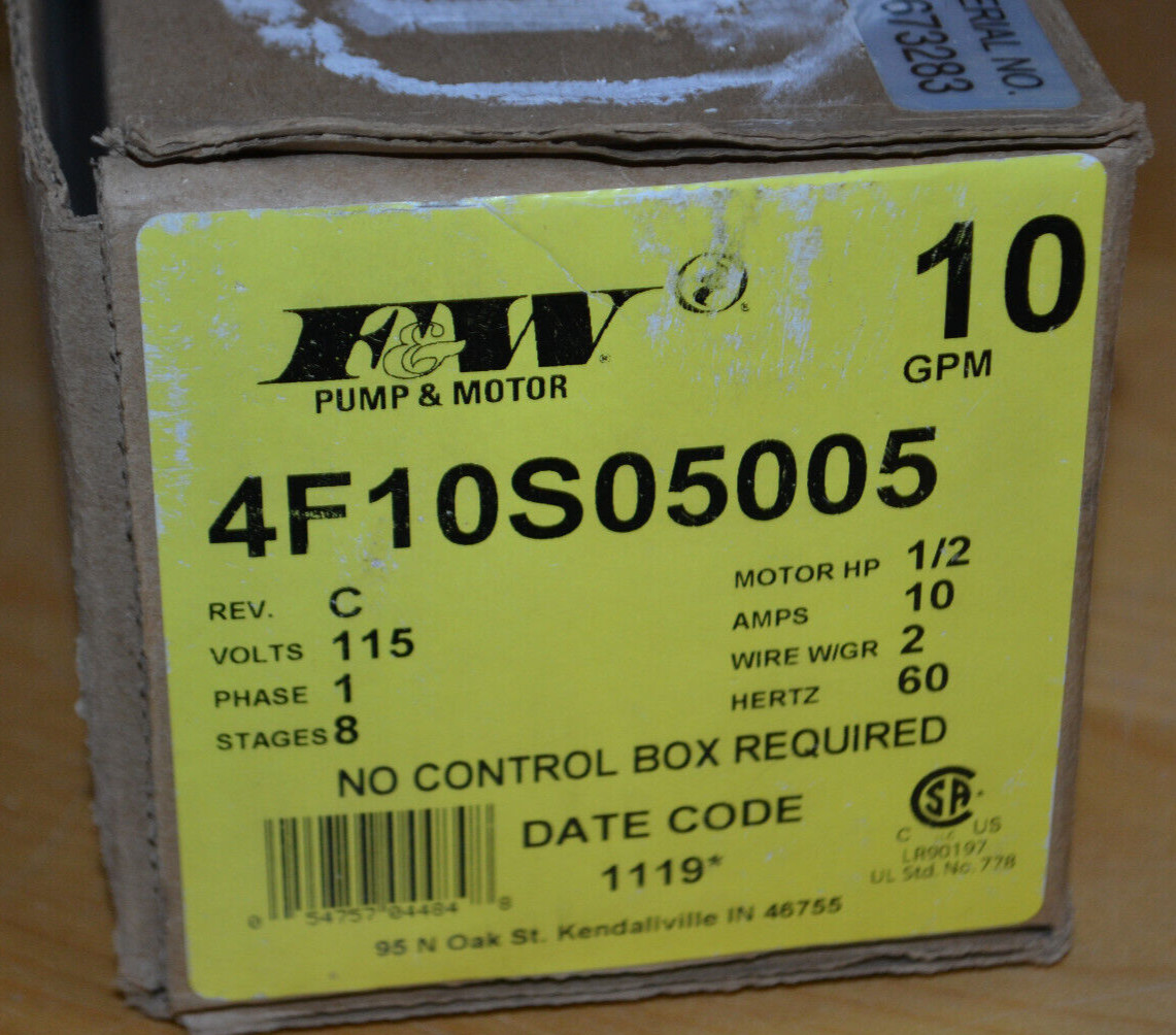 FLINT & WALLING ~ 4F10S05005 ~ Submersible Pump, 1/2HP, 2 Wires, 10 GPM, 1 Phase