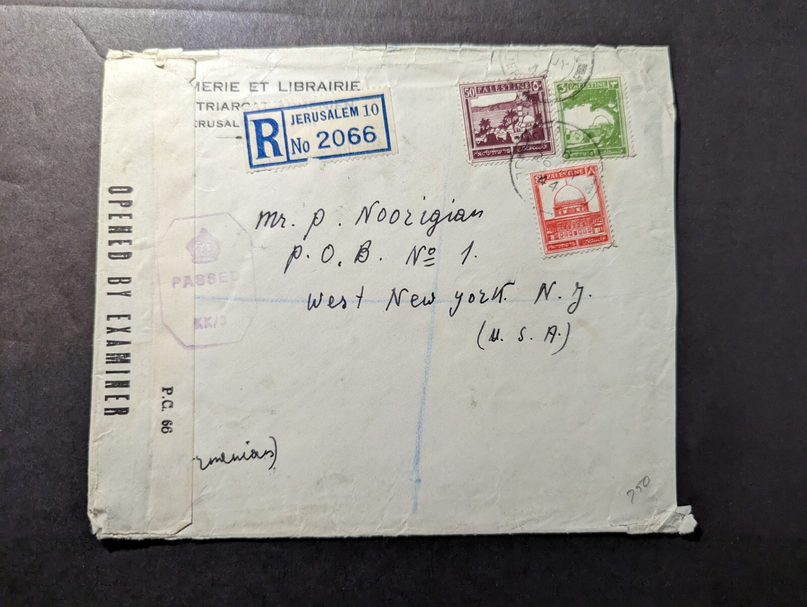 1944 Registered Palestine Cover Jerusalem to West New York NY USA