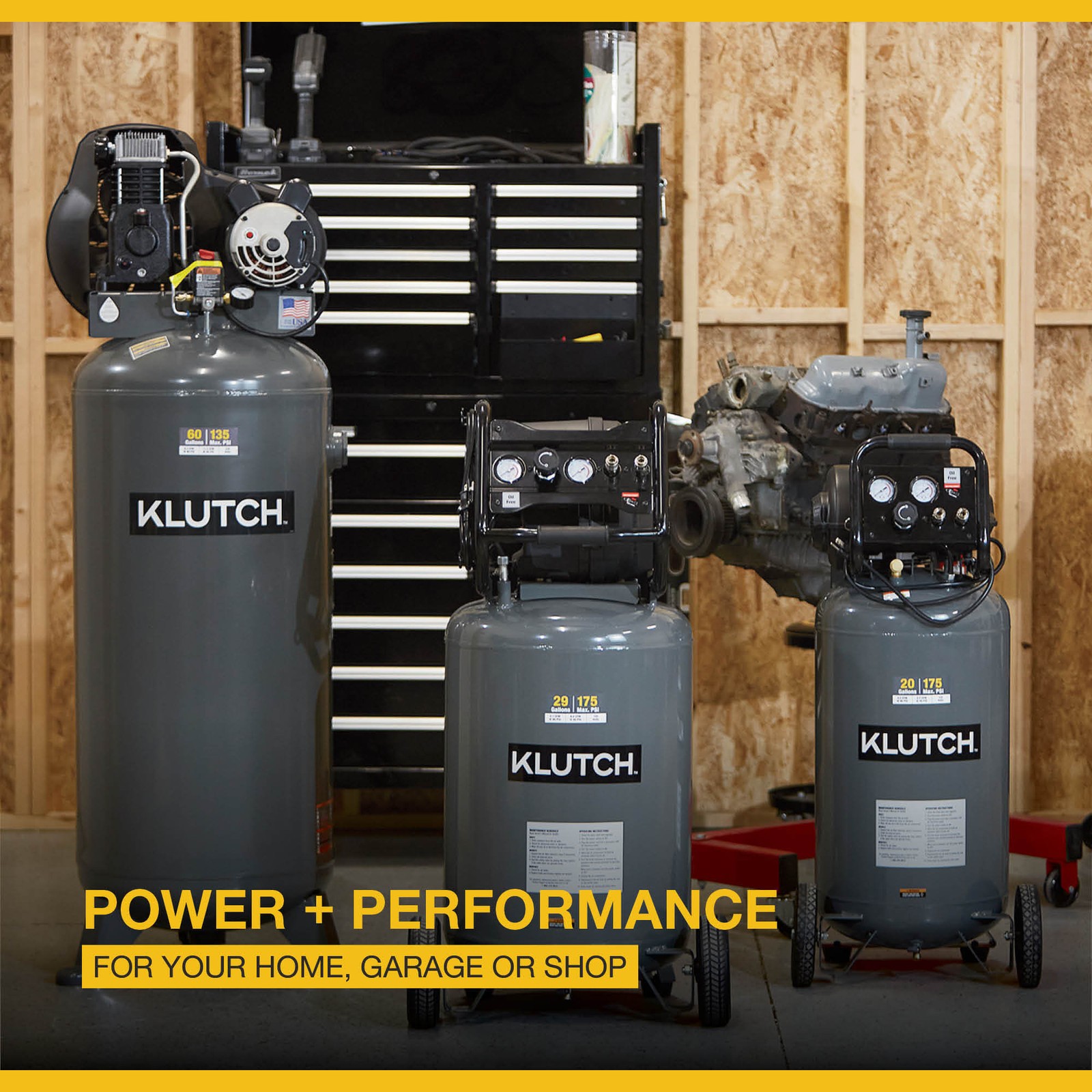 Klutch 29-Gallon Air Compressor, 2.5 HP, 120 Volts, 175 PSI