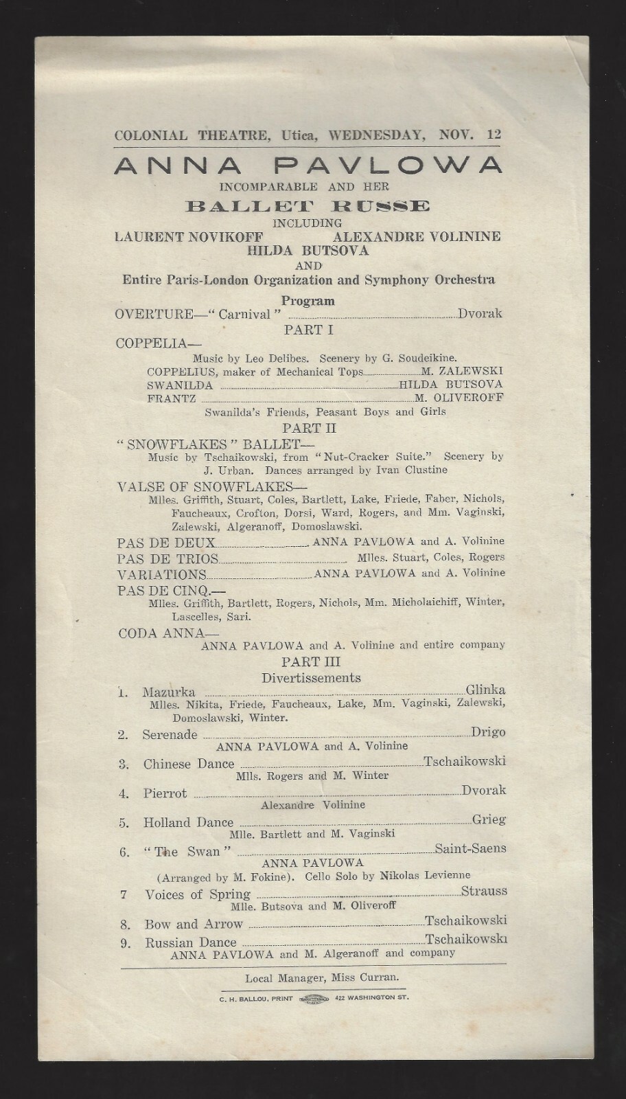 Incomparable ANNA PAVLOWA (Pavlova) Ballet Russe 1919 Utica, New York Program