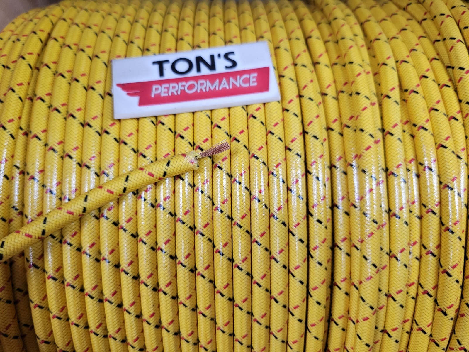 7mm COPPER CORE BRAIDED CLOTH Yellow with Black Red tracers SPARK PLUG WIRE foot