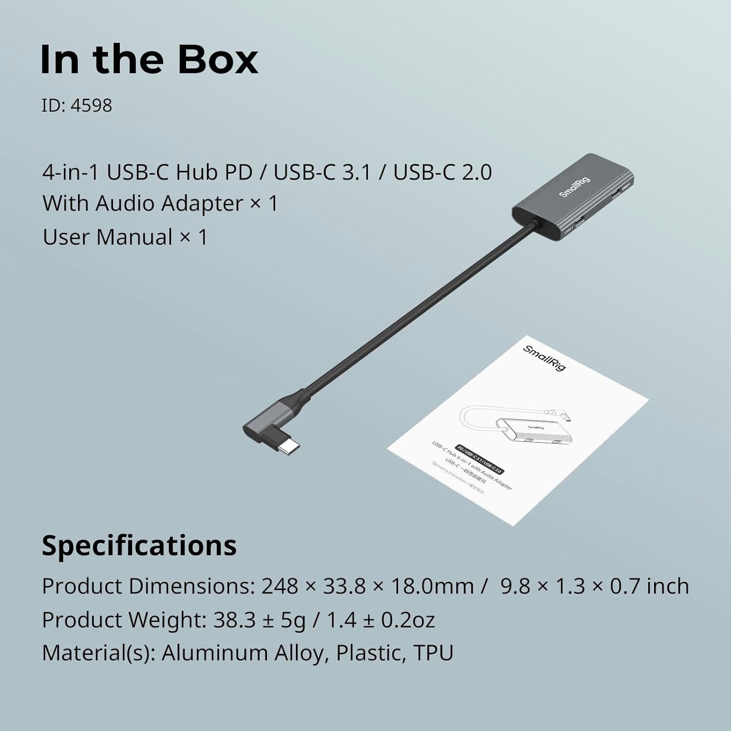 SmallRig USB-C Hub 4-in-1 PD/USB-C 3.1/USB-C 2.0 with Audio Adapter for Phone