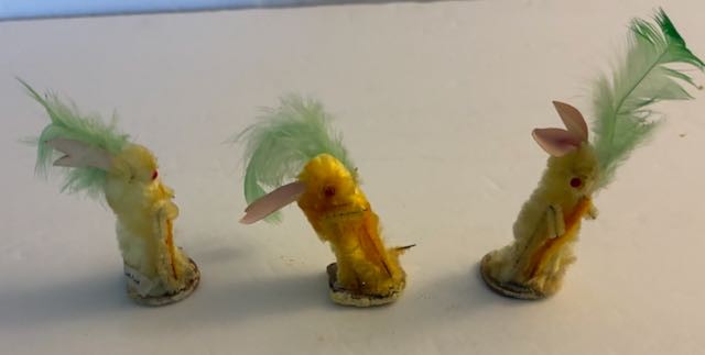 Vintage Set of 3 Chenille Yellow Easter Bunny Rabbits w/Carrot & Feathers Japan