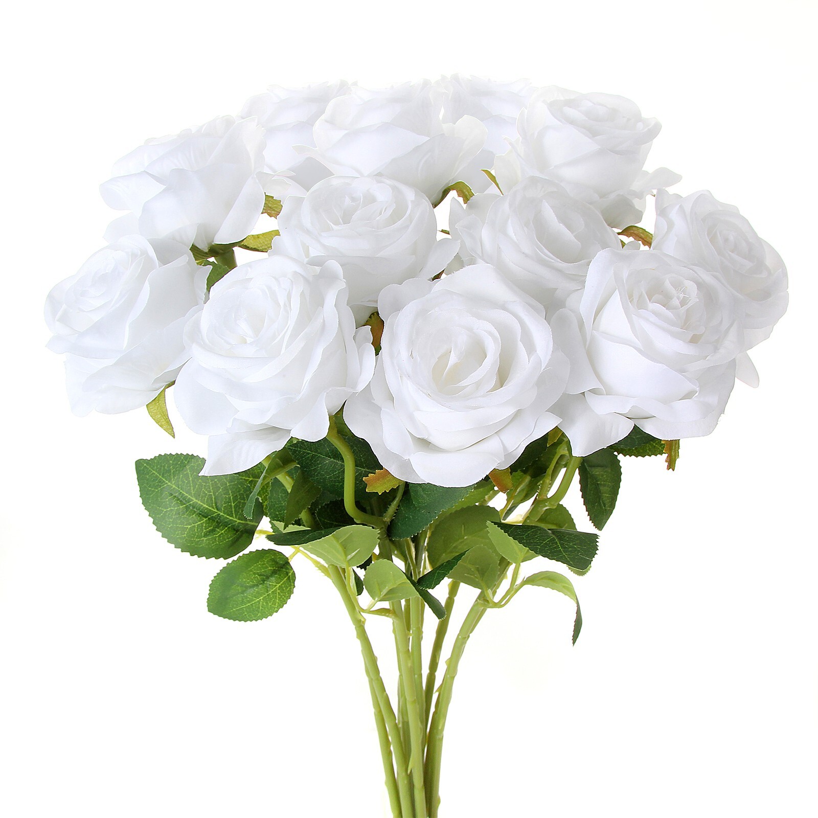 EZFLOWERY 12 Pcs Artificial Roses Flower White Silk with Single Stems Real Touch