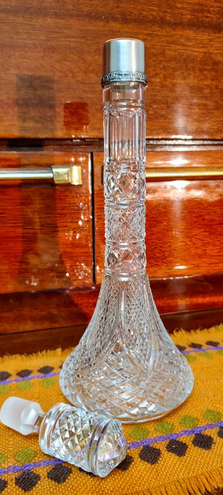 Vintage crystal decanter with sterling silver finial 875°,USSR,height 33 cm