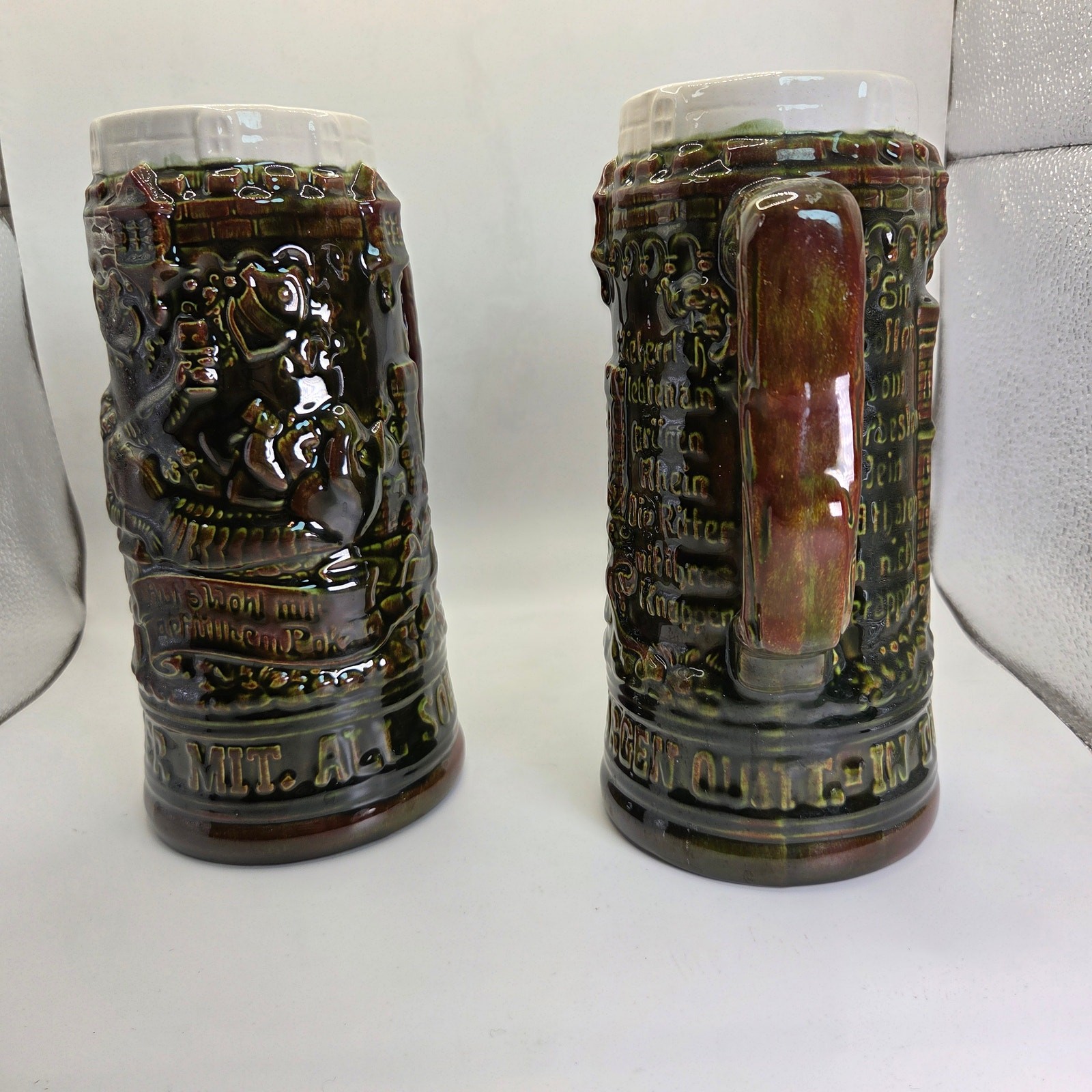 Vintage German Style Beer Steins Pair Signed “Sam :)” 8.5” Brown Glaze