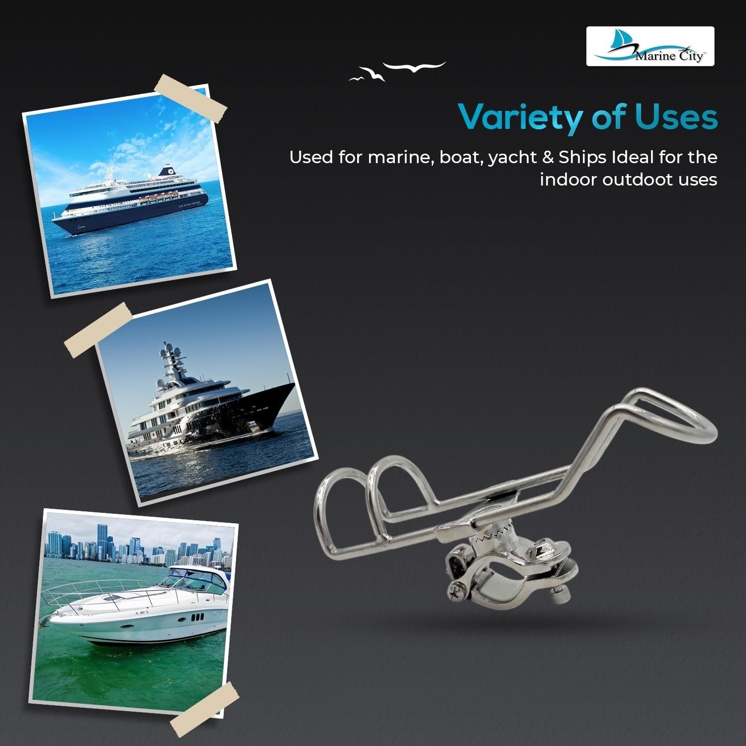 Marine City Fishing Rod Holder Stainless Steel Rotating Head 7/8" to 1-1/4" Tube