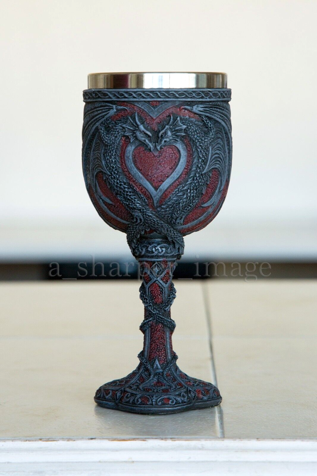 Occult Double Dragon Heart Goblet Chalice Hand Painted 'Stone' Finish Beautiful!