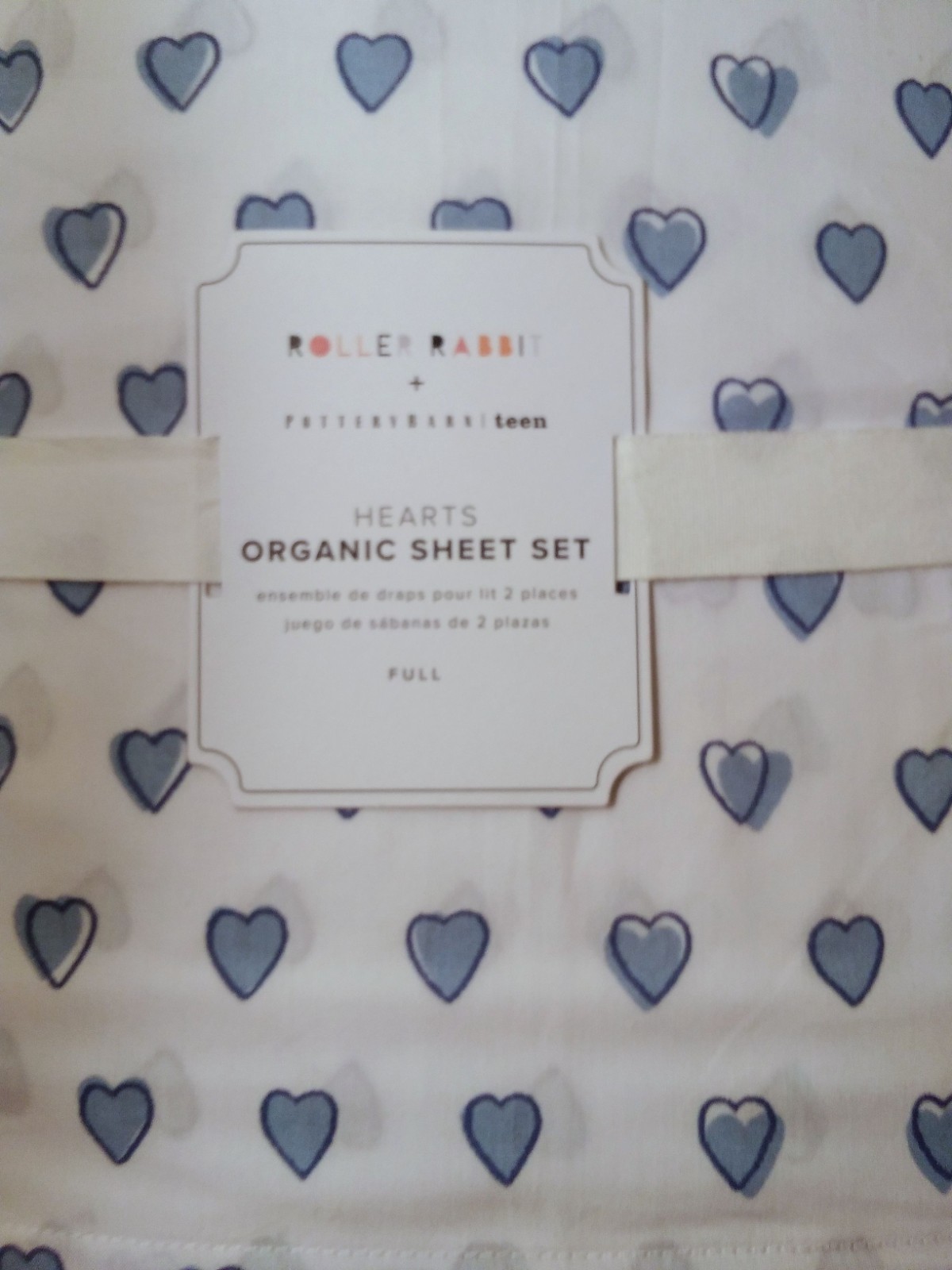 Pottery Barn Teen ROLLER RABBIT Blue HEARTS Organic Sheet Set Full Size NWT