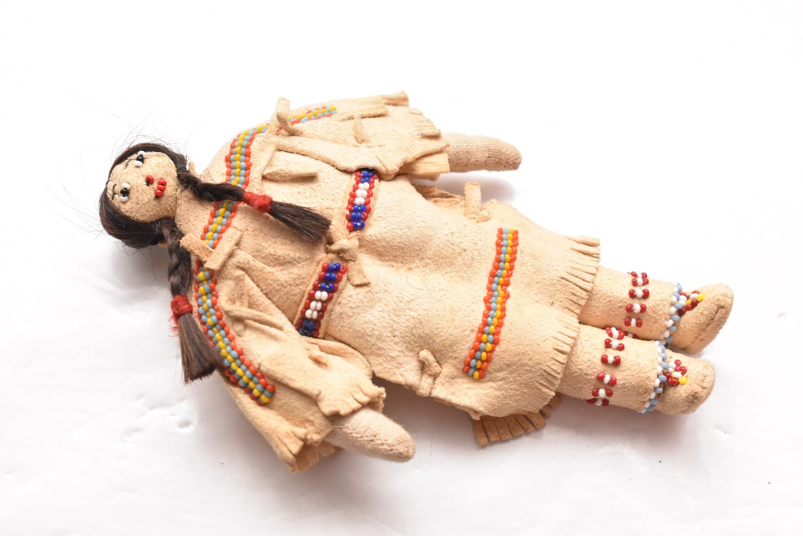 Vintage Native American Doll Beaded Sioux Indian W Leather Fringe 5.5" Tall-