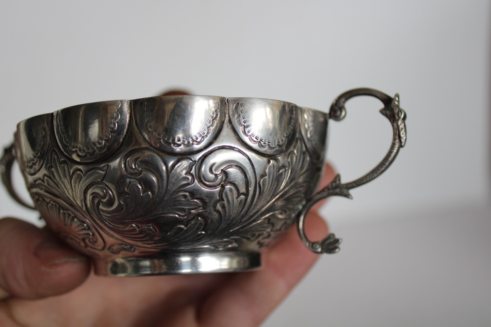 Antique 19th Century Silver Portuguese Bernegal Repousse Handled Religious Cup