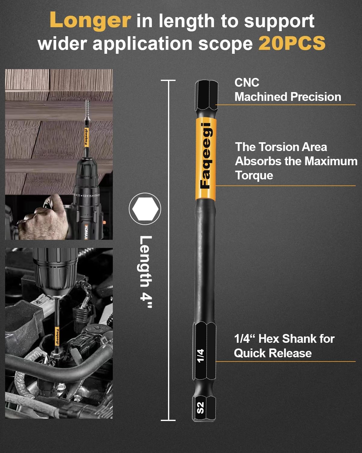 4-Inch Long Hex Bit Set 20PCS (Metric & SAE) Impact Allen Wrench/Key Drill Bit