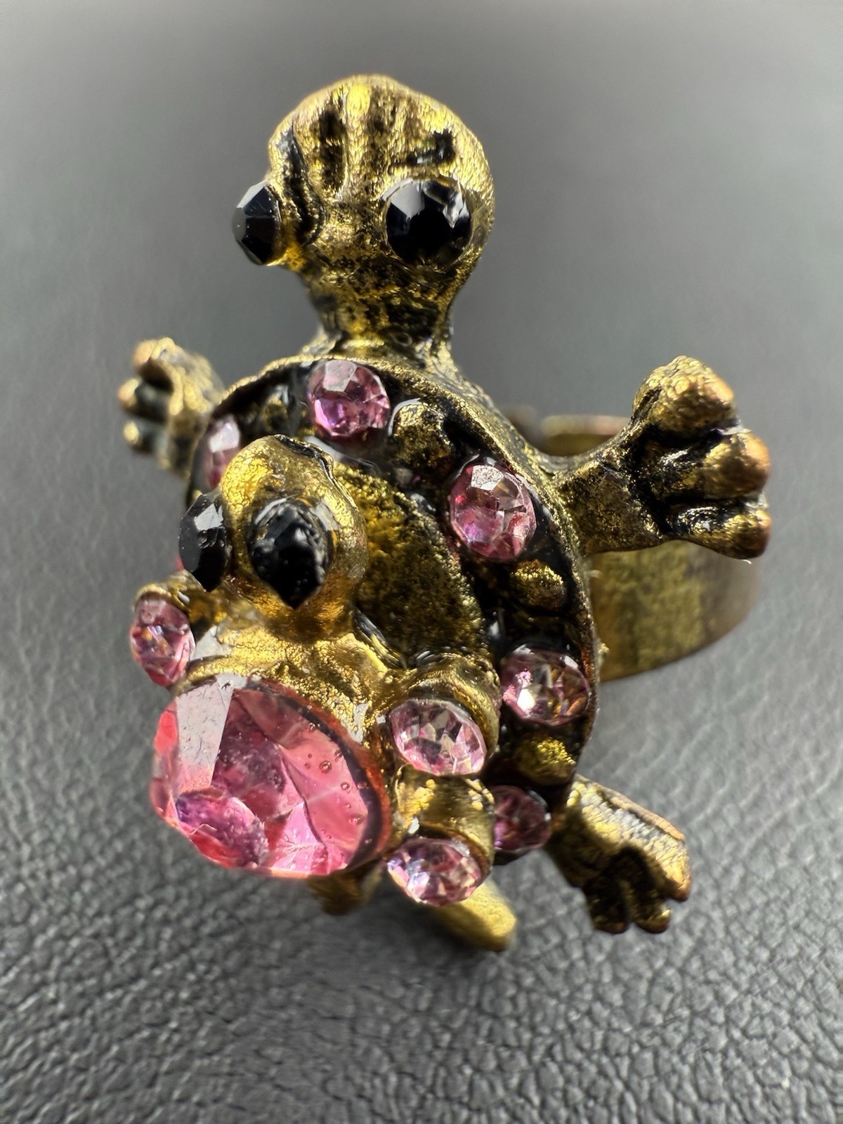 Gold Tone Pink Rhinestone Double Turtle Ring Size 5-7 Jewelry