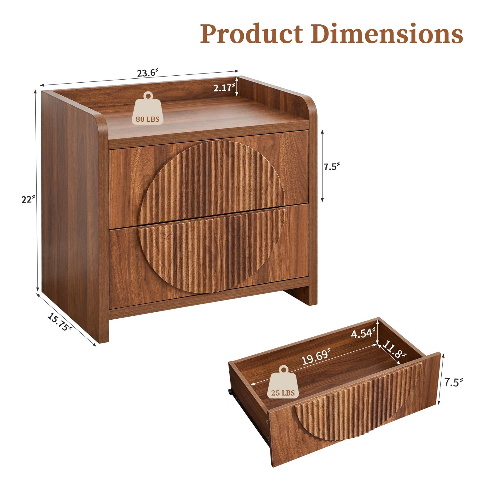 24 Inch Wide Fluted Nightstands Set of 2 Large Night Stand with 2 Drawers