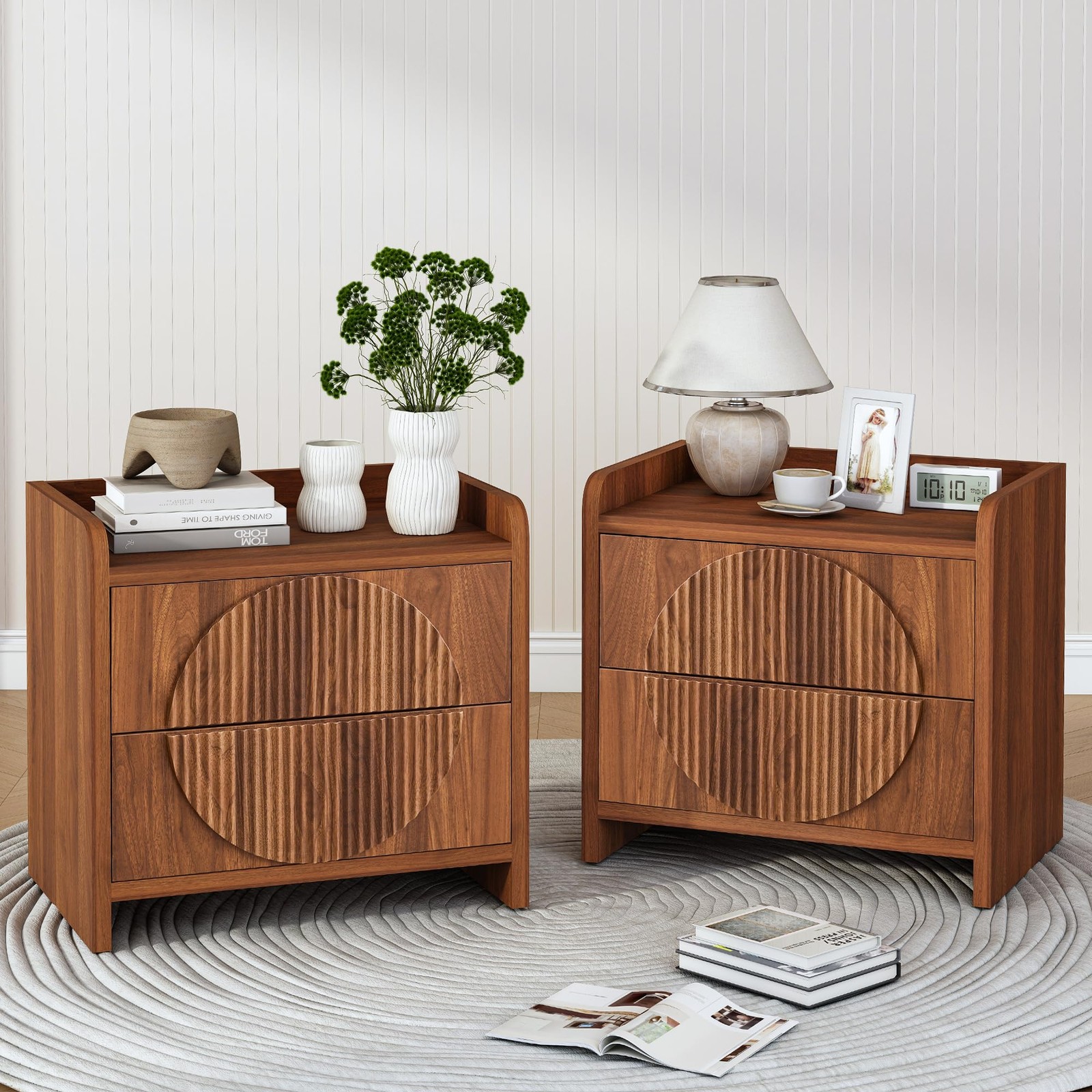 24 Inch Wide Fluted Nightstands Set of 2 Large Night Stand with 2 Drawers